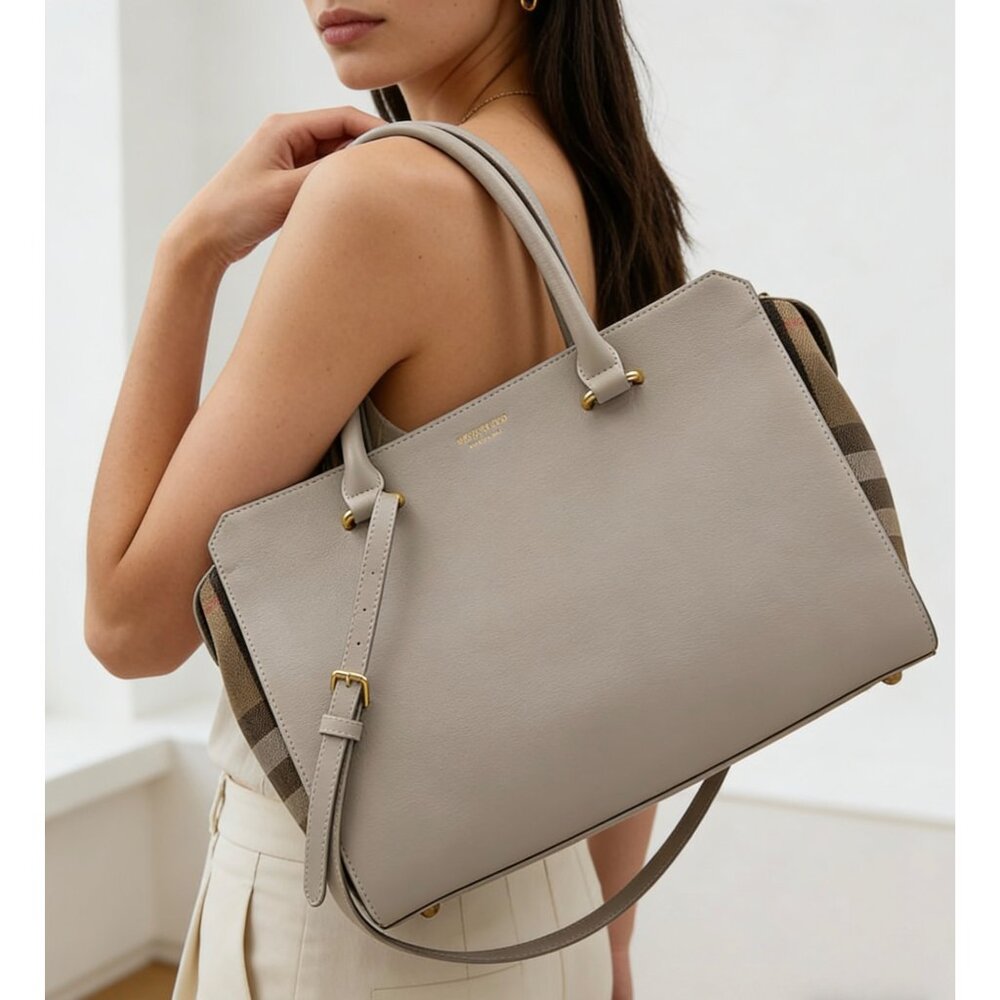 Burberry Banwell Mega Check Calfskin Small Tote Handbag Limestone 8104429